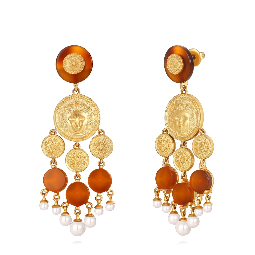 Statement Gold Coin Earrings With Medusa And Pearl Drops