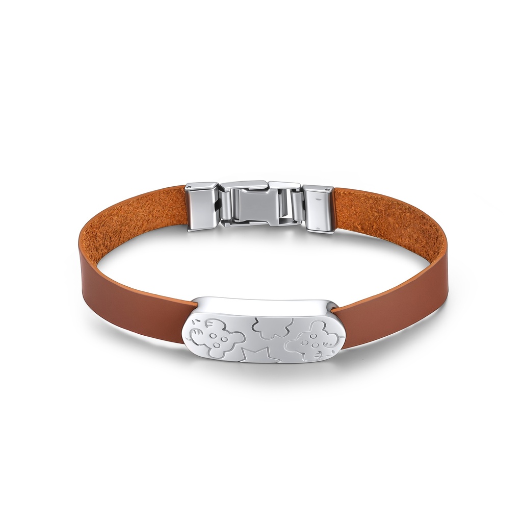 Stylish Brown Leather Bracelet with Stainless Steel Floral Plate