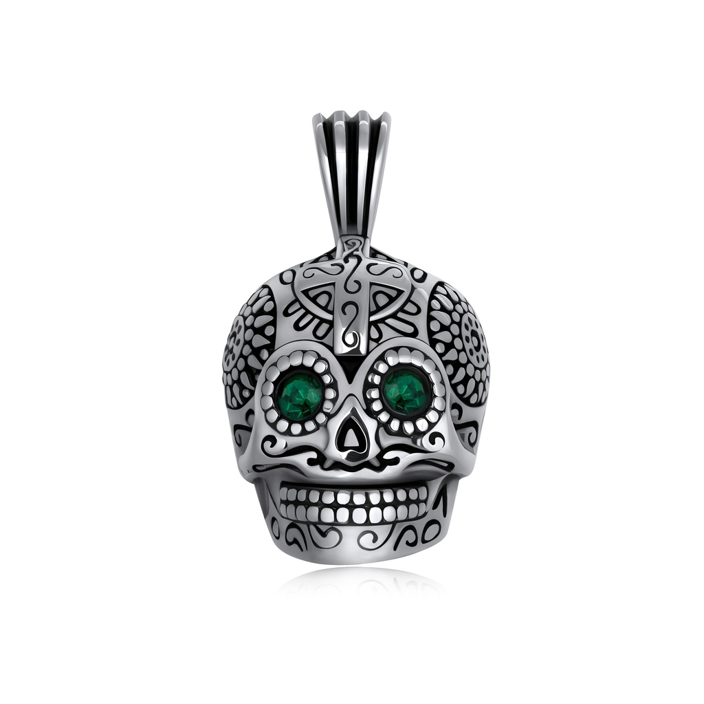 Sugar Skull Stainless Steel Pendant with Green Gemstone Eyes