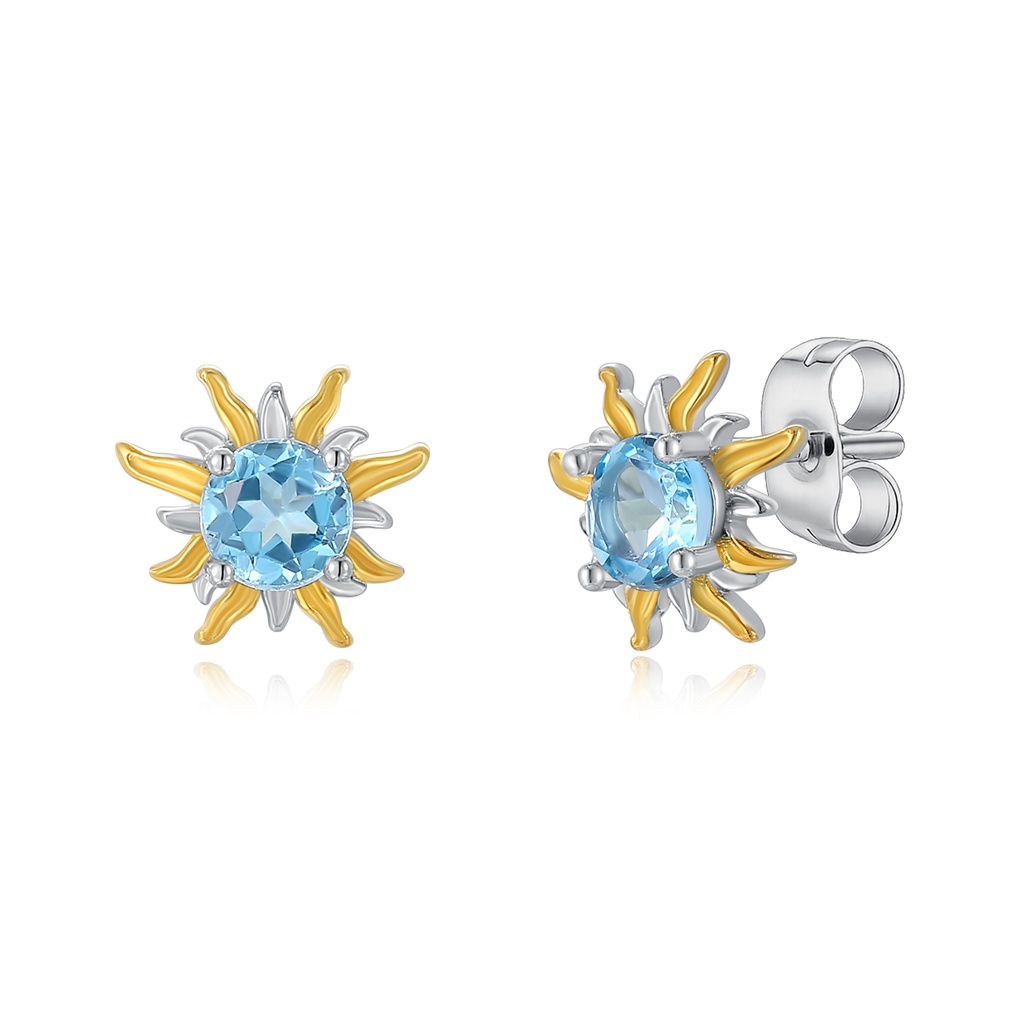 Sunburst Blue Topaz Stud Earrings in Silver and Gold