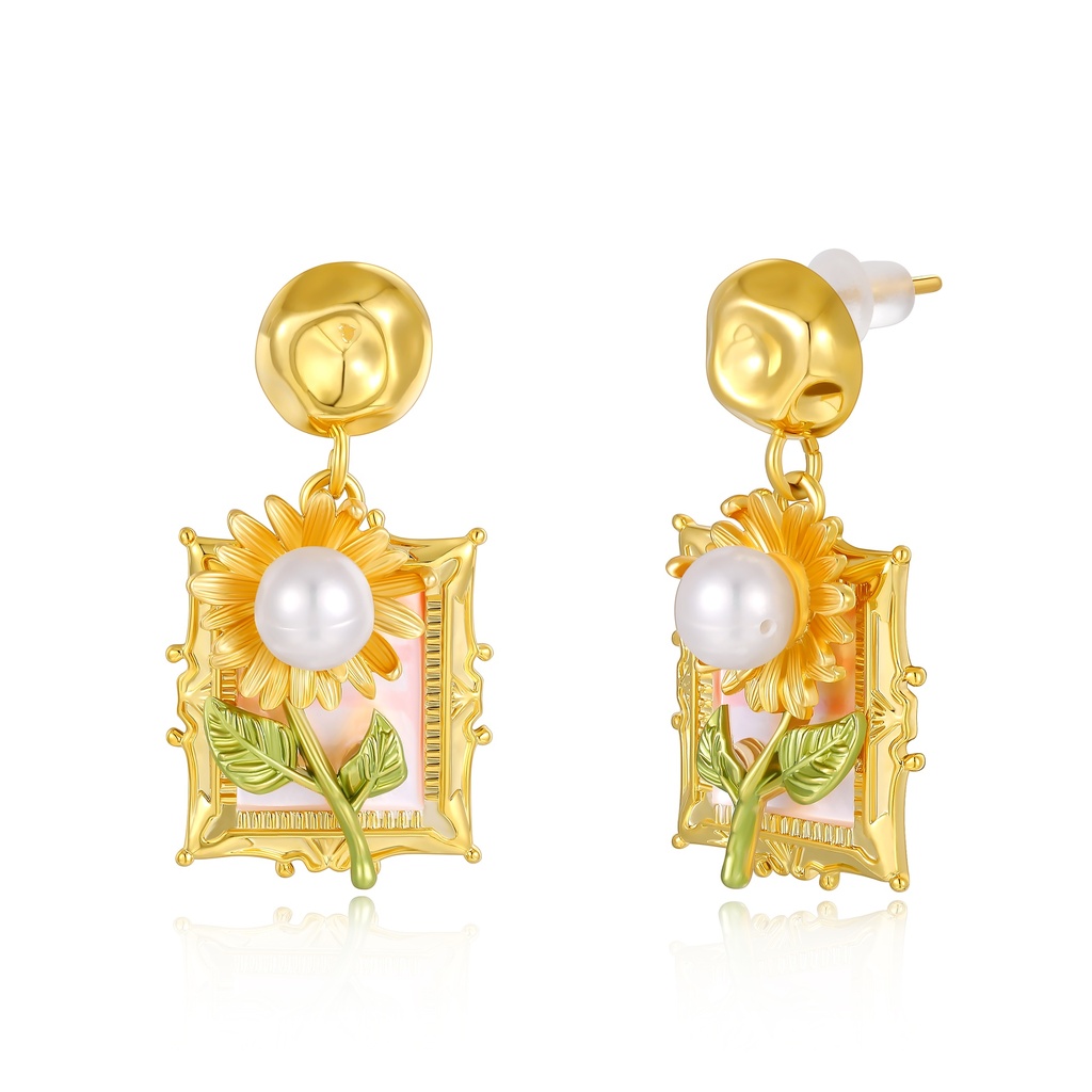 Sunflower Pearl Drop Earrings in Gold Vintage Frame Style