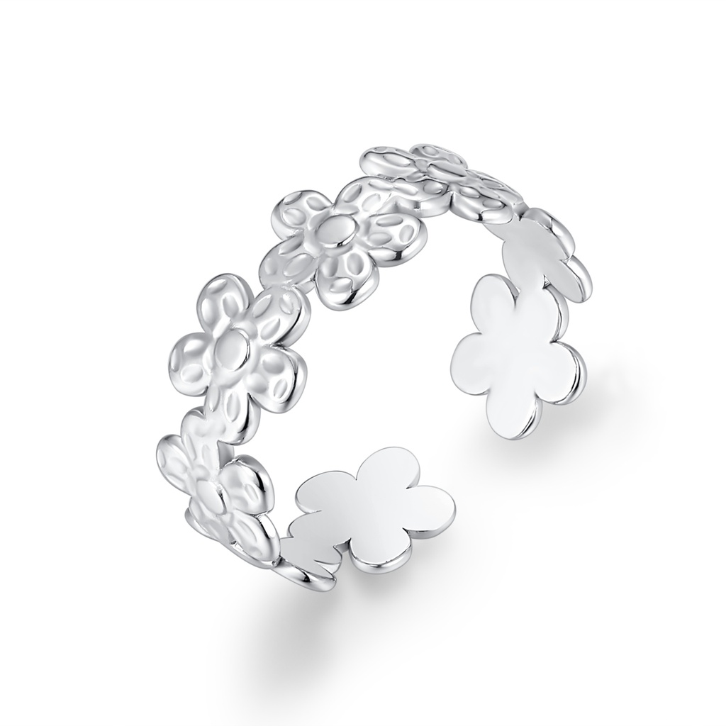 Adjustable Stainless Steel Floral Ring with Polished Daisy Motif Design