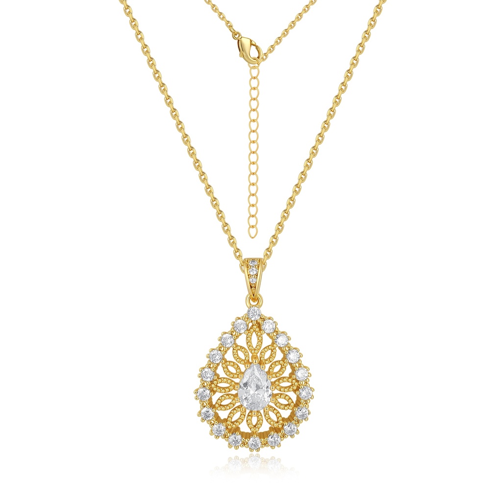 Teardrop Halo Filigree Pendant Necklace in Gold Tone