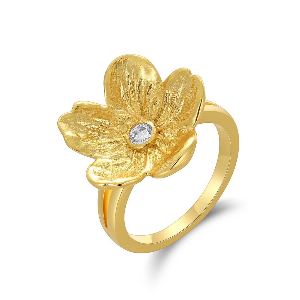 Textured Blossom Ring in Gold Finish with Crystal Centerpiece