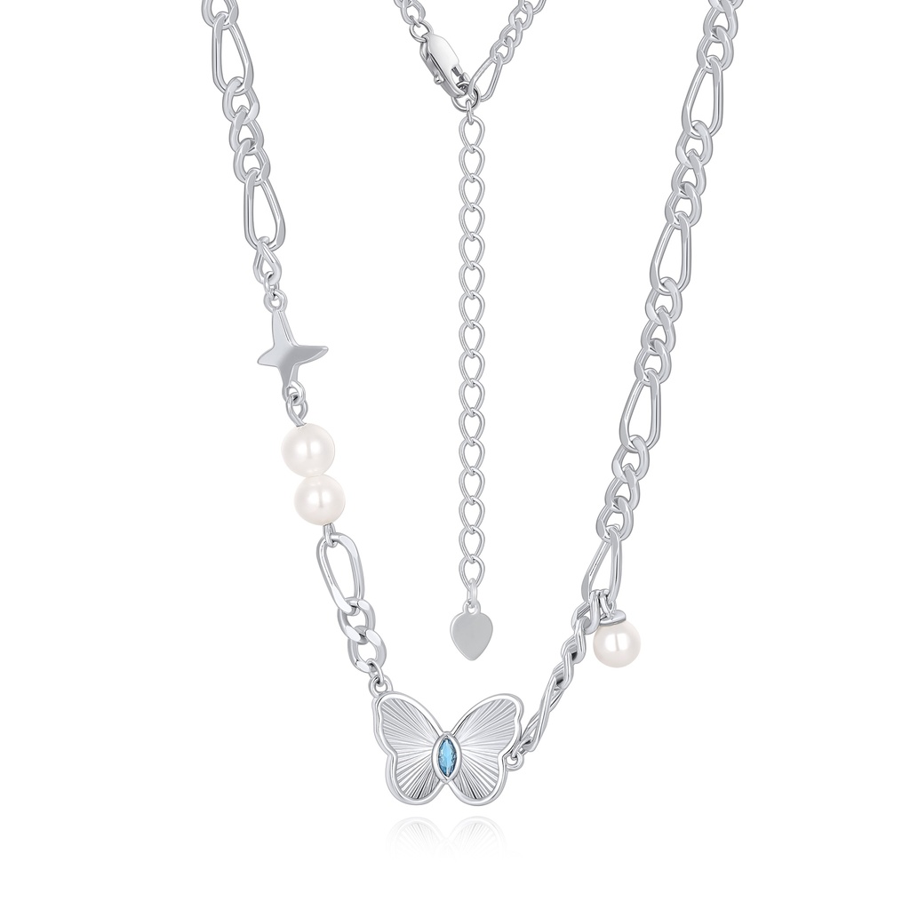 Butterfly & Pearl Charm Silver-Plated Brass Chain Necklace