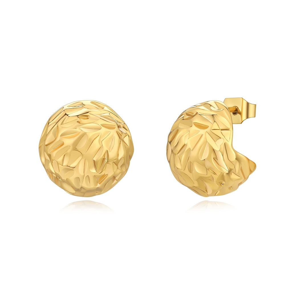 Textured Gold Dome Earrings with Hammered Leaf Design