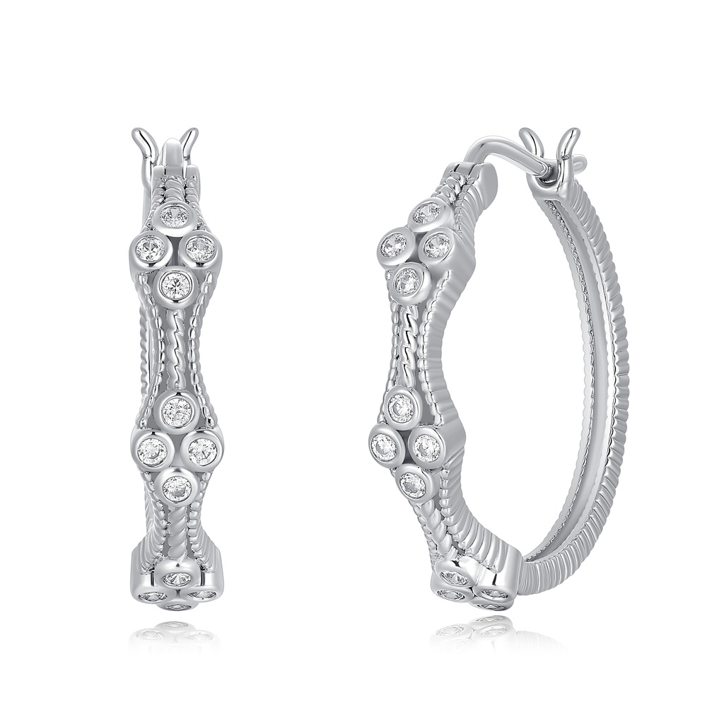 Textured Hoop Earrings with Circular Bezel-Set Stone Detailing