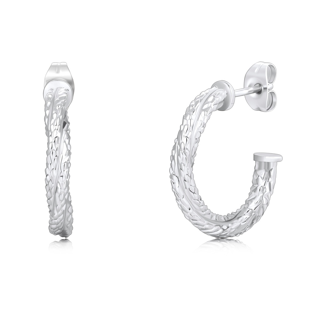 Textured Stainless Steel Hoop Earrings in Polished Silver Finish