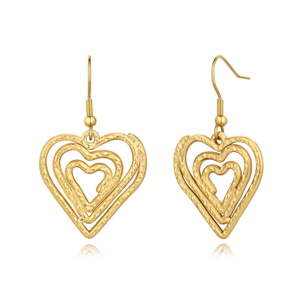 Textured Triple Heart Dangle Earrings in Gold Stainless Steel