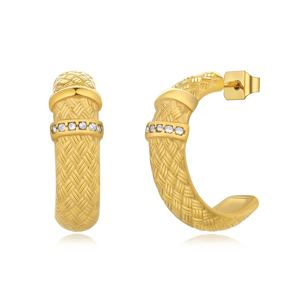 Textured Woven Gold Hoop Earrings with Crystal Accent Band