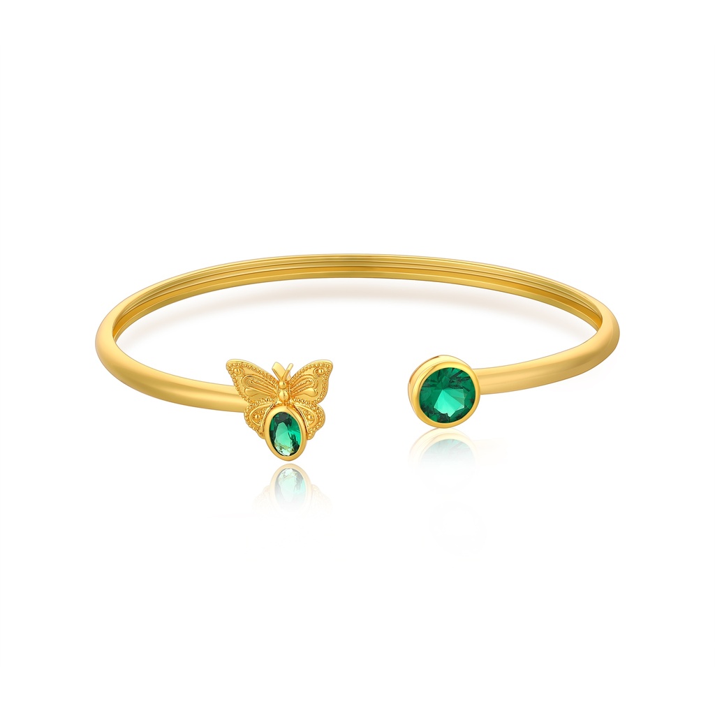 Butterfly and Emerald-Effect Gemstone Open Cuff Bracelet