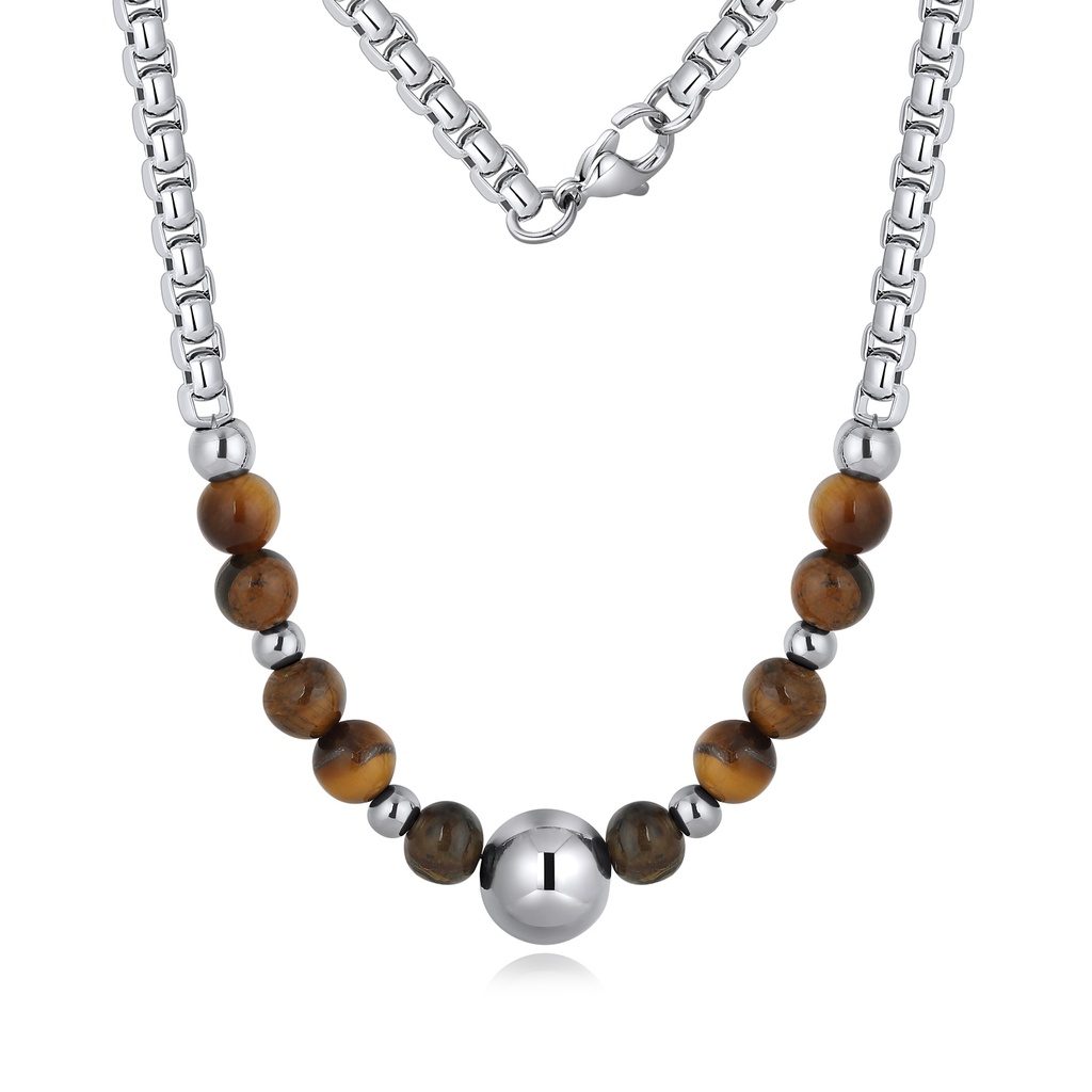Tiger Eye Beaded Stainless Steel Chain Necklace for Men Women