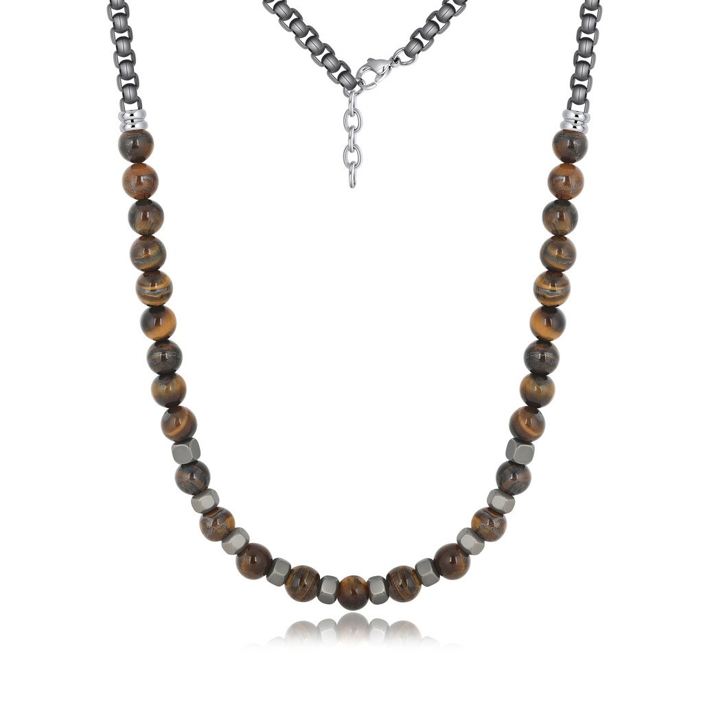 Tiger Eye Hematite Necklace with Gunmetal Stainless Steel Chain