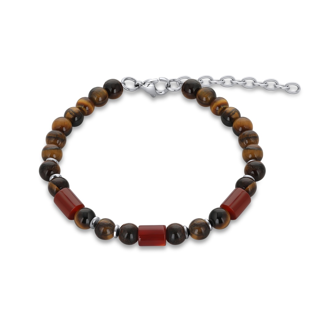 Tiger Eye and Red Agate Accent Stainless Steel Bracelet