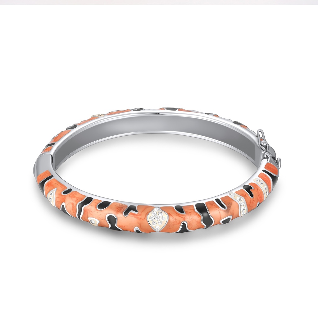 Tiger-Inspired Enamel Stainless Steel Bangle with Crystal Accents