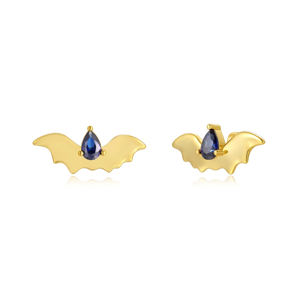 Trendy Gold Stainless Steel Bat Earrings with Blue Gem