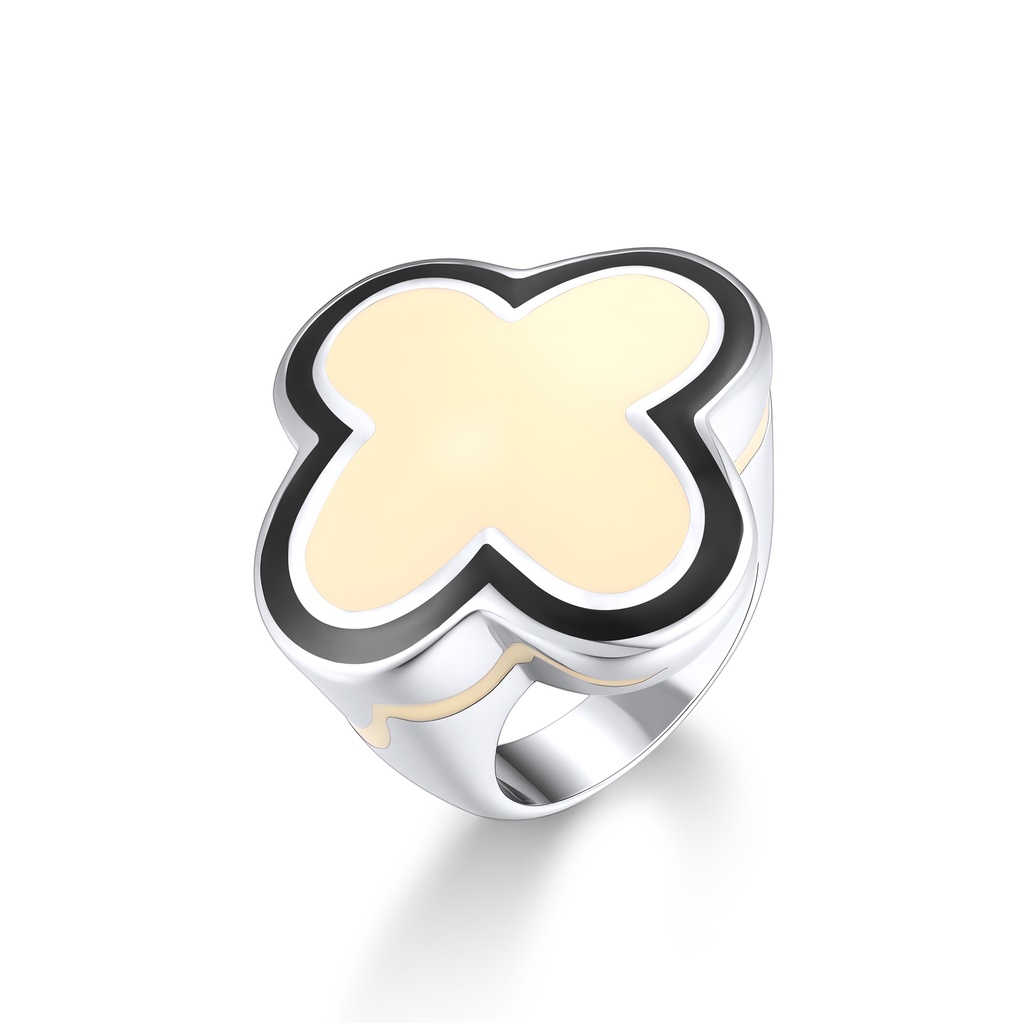 Trendy Stainless Steel Ring with Cream Enamel Clover Design