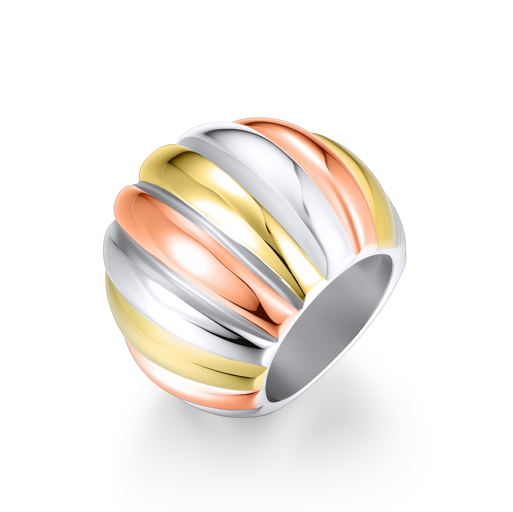 Tri-Color Stainless Steel Dome Ring with Striking Grooved Design