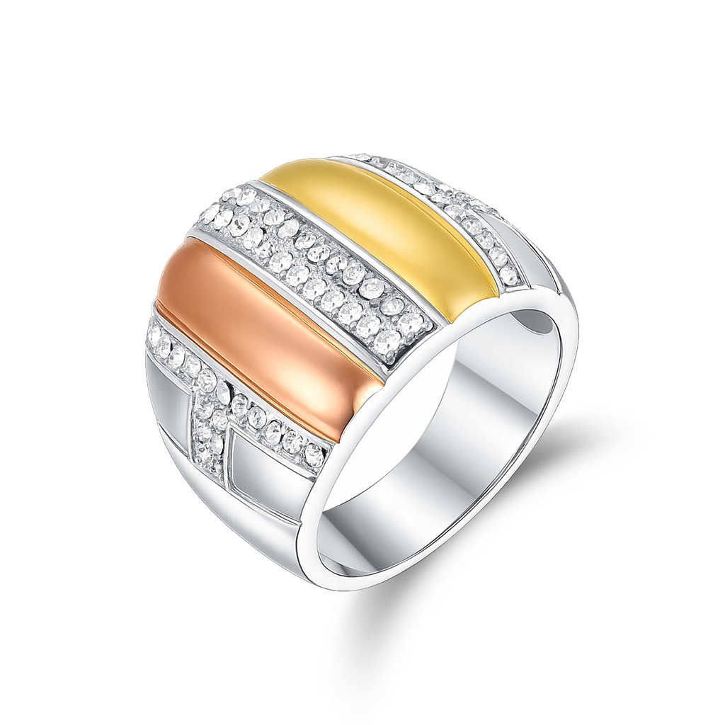 Tri-Color Stainless Steel Ring with Crystal Inlay Statement Design
