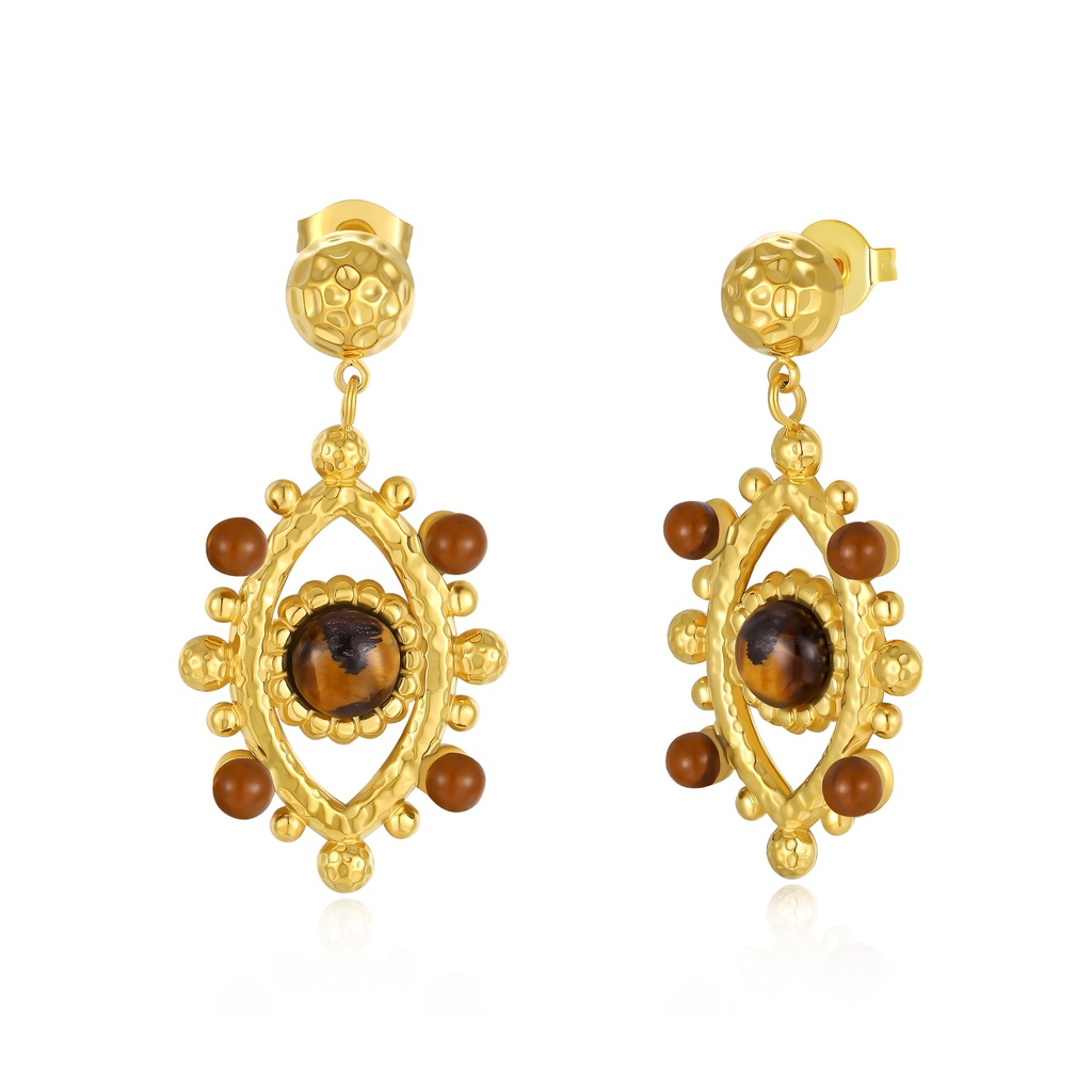 Tribal-inspired gold dangle earrings with tiger eye stone