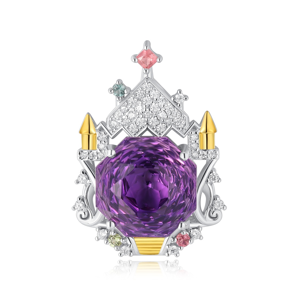 Castle-Inspired Purple Gem Pendant with Multicolor Crystal Accents
