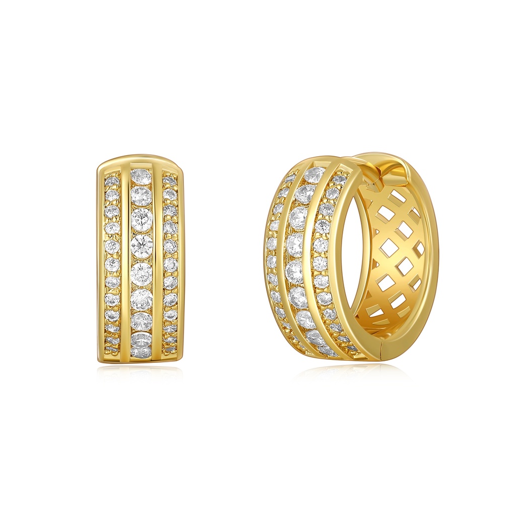 [PD02E0070] Triple Row Gold-Plated Hoops with Dazzling CZ Sparkle Rows
