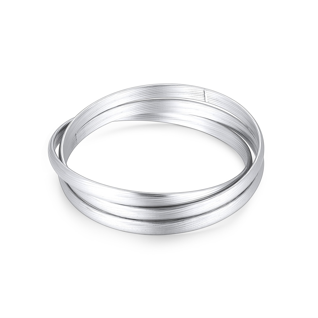 Triple-layer intertwined bangle in polished silver stainless steel finish.
