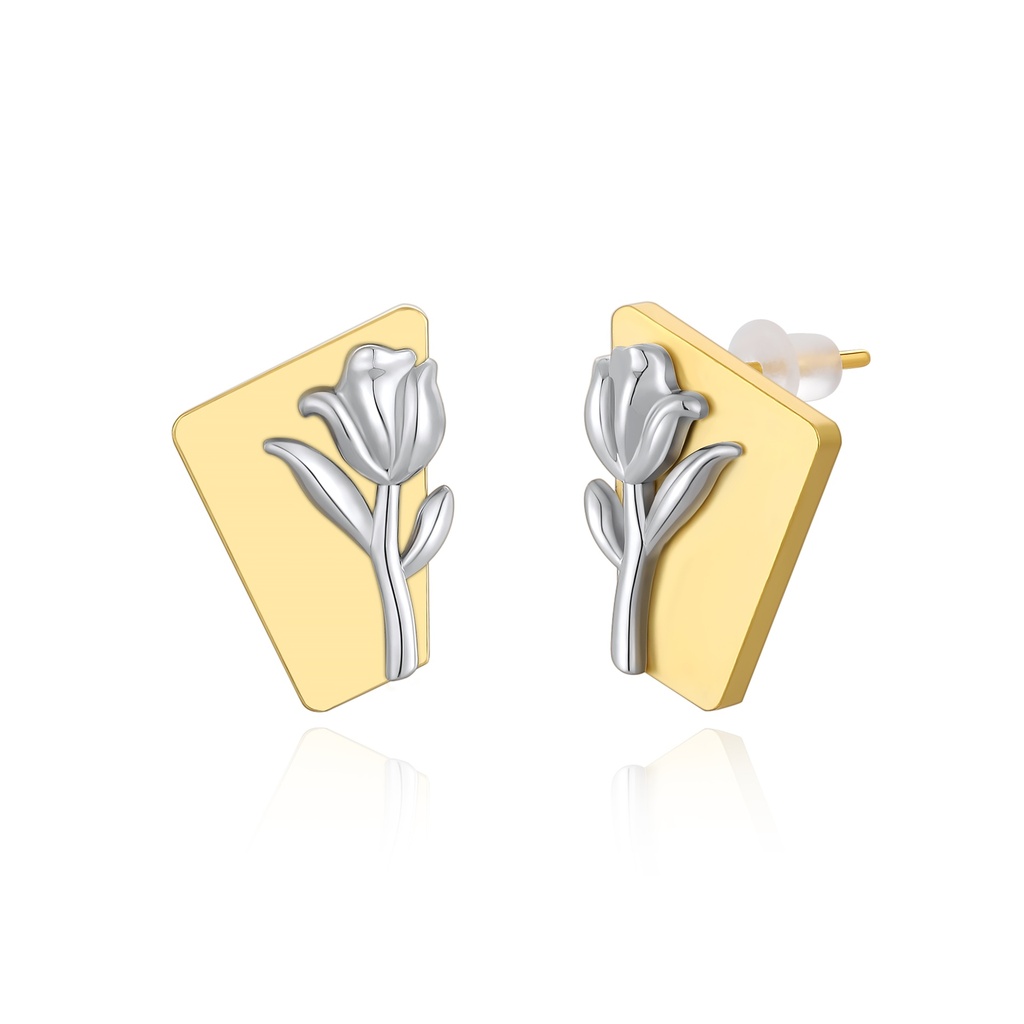 Tulip Bloom Earrings on Geometric Gold Plate