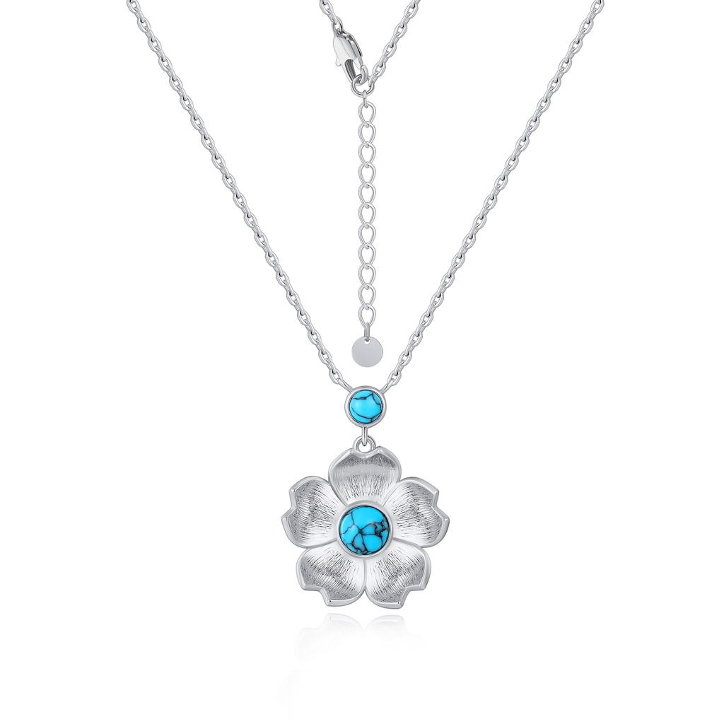 [PD02N0226] Turquoise Blossom Flower Pendant Necklace in Silver Finish