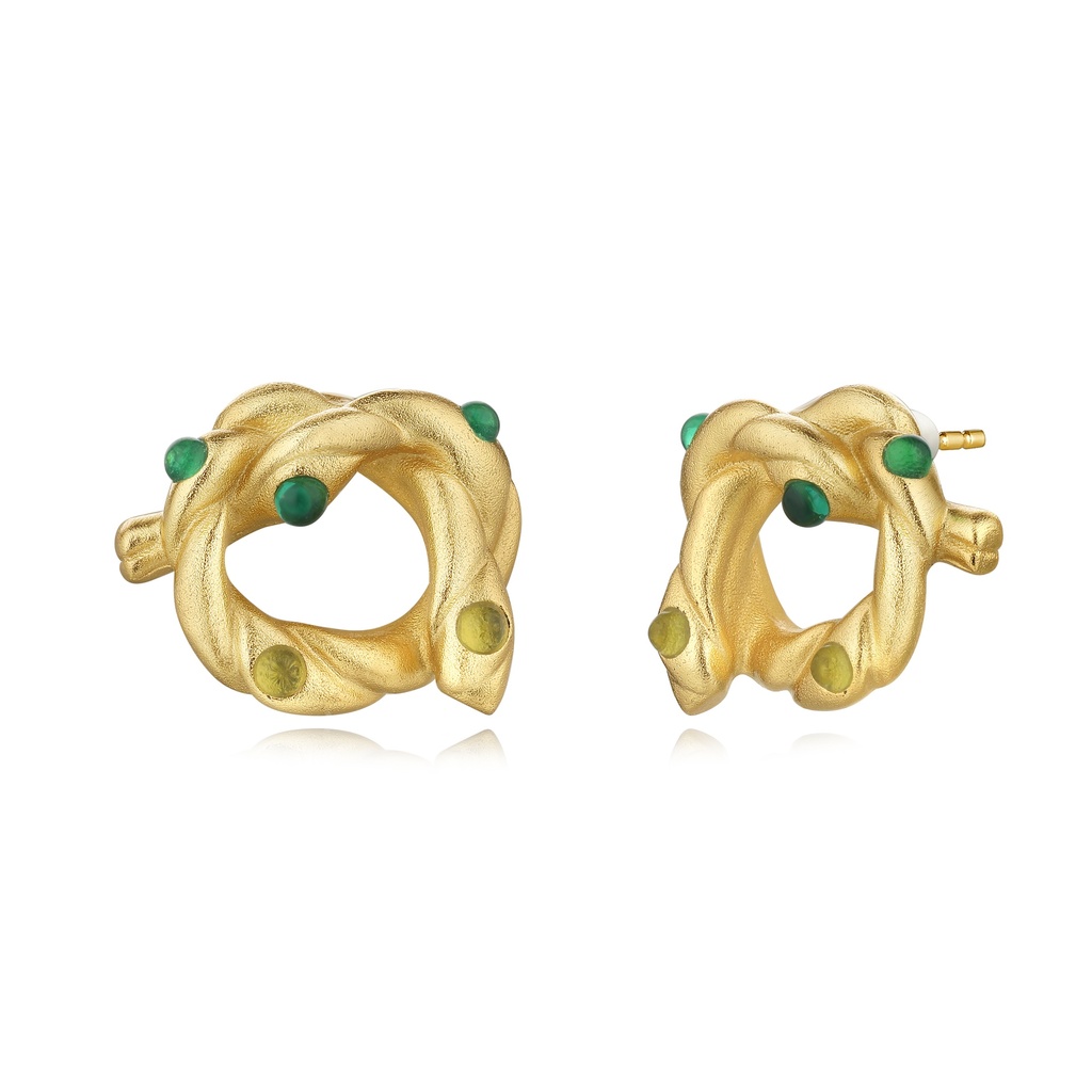 Twisted Brass Hoops with Green Gem Accents
