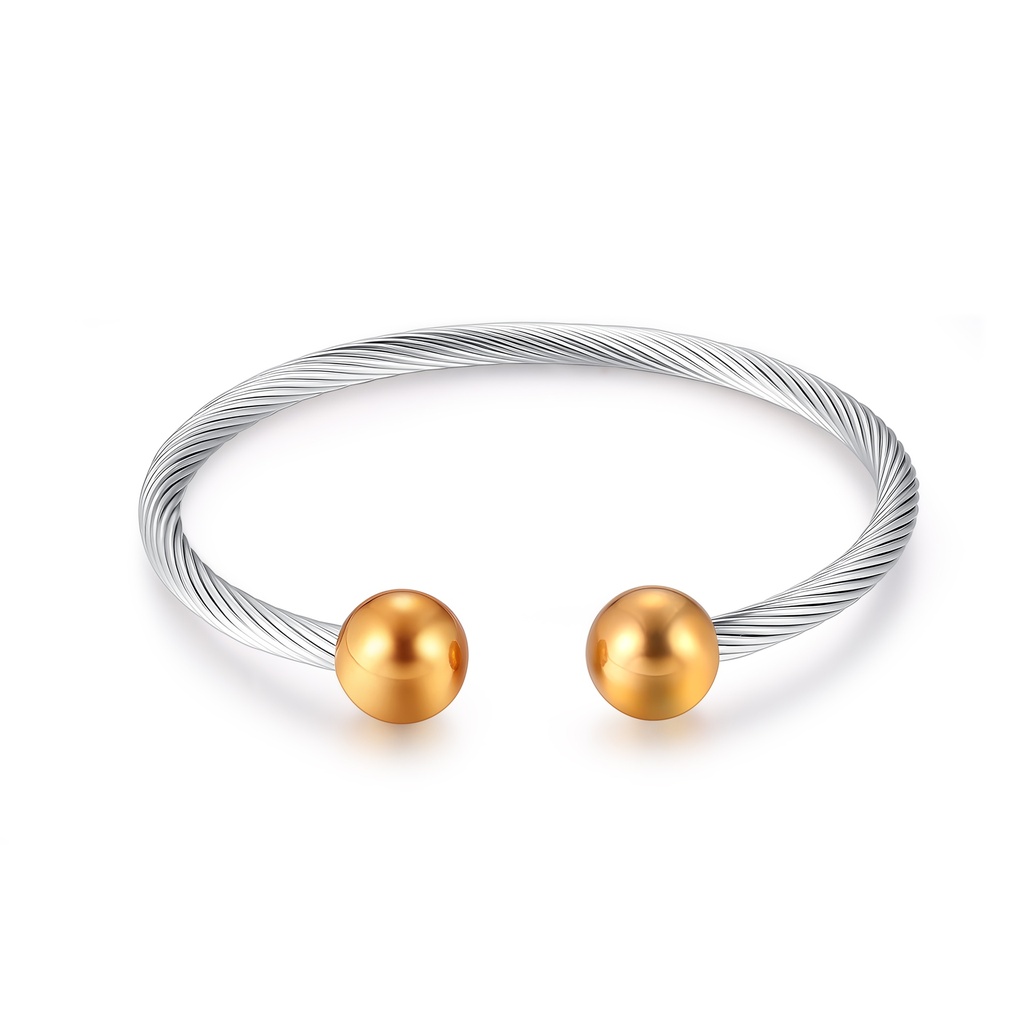 Twisted Steel Cable Bangle with Gold-Tone Ball End Caps