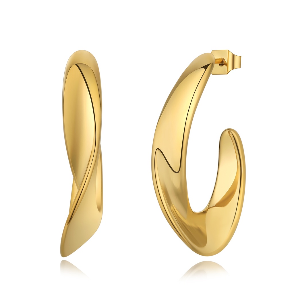 [DJ01E0009] Twisted Wave Gold Hoop Earrings Stainless Steel No Stone