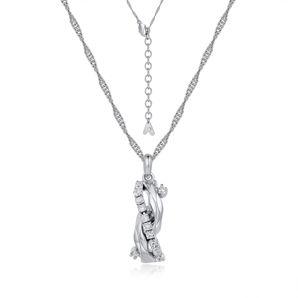 [BJ01N0216] Twisted Zircon Pendant Necklace with Rope Chain in Silver Finish
