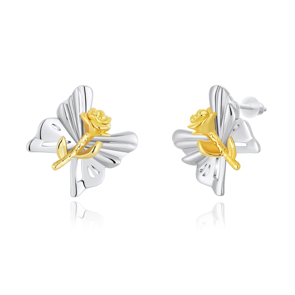 [PD02E0110] Two-Tone Butterfly Earrings with Golden Rose Accent