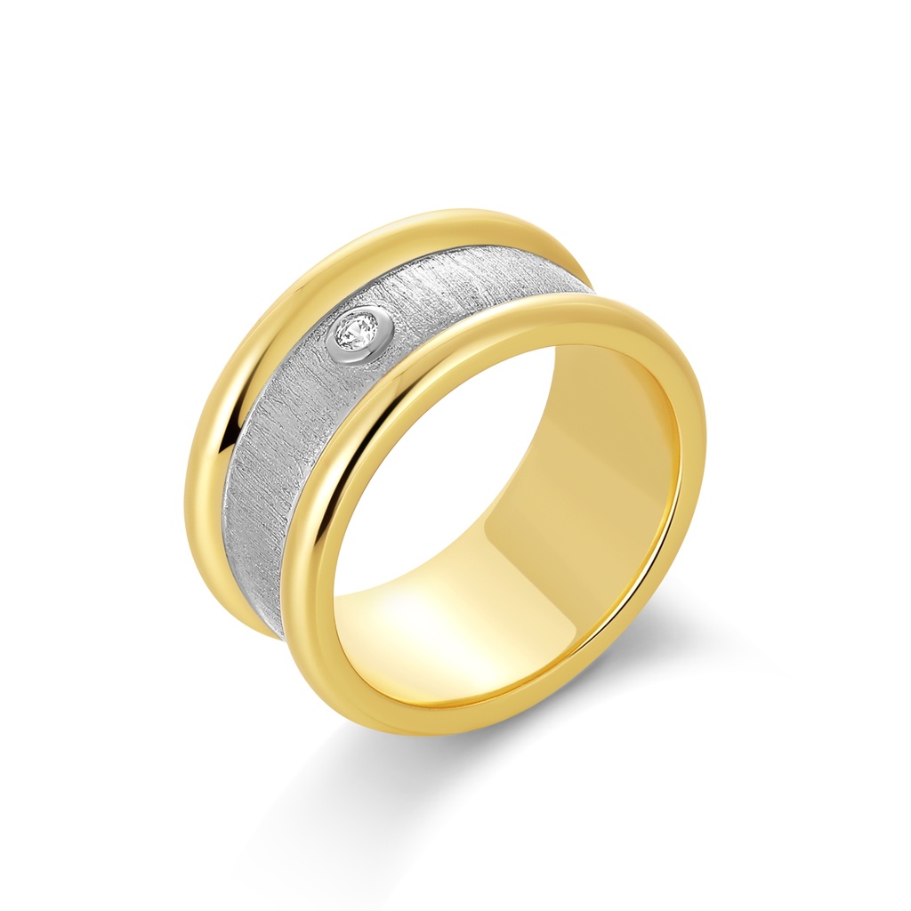 [PD02R0100] Two-Tone Gold and Silver Wide Band Ring with Diamond Detail