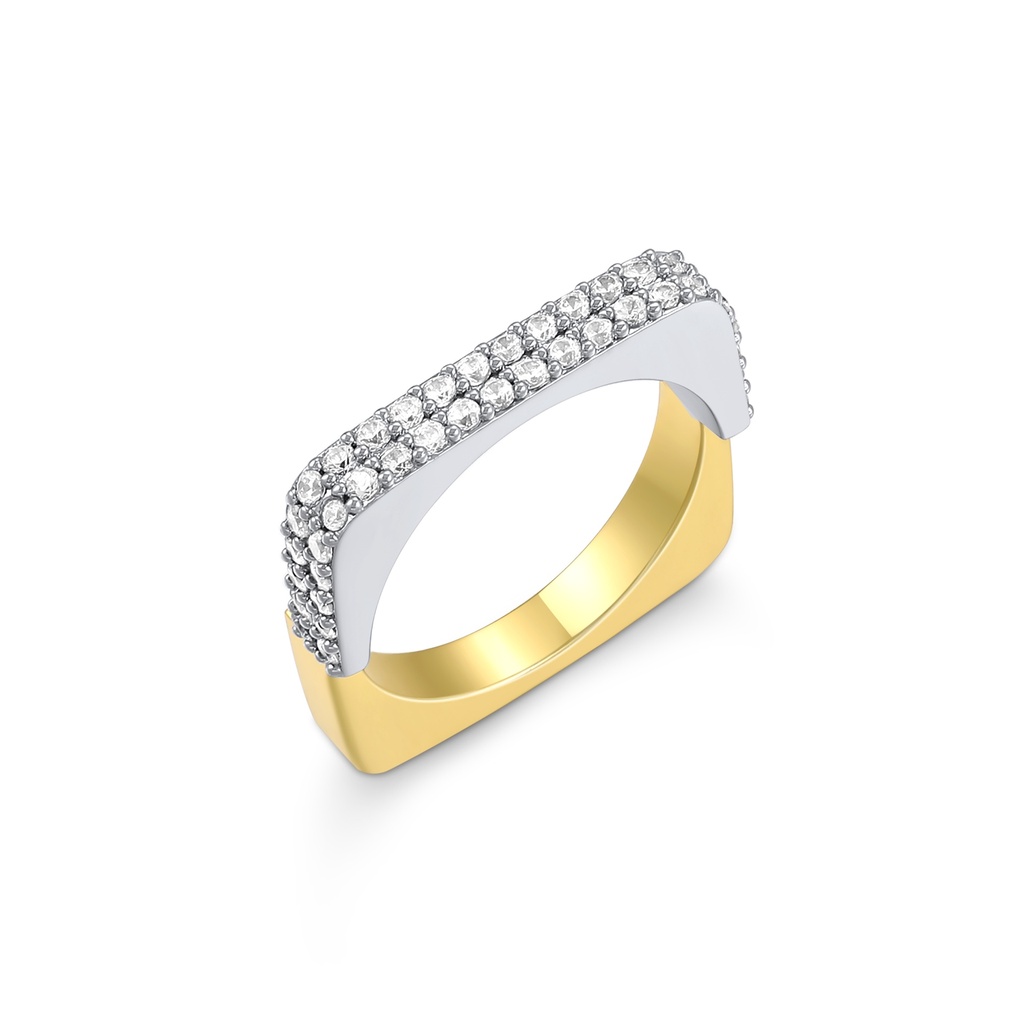 [PD02R0102] Two-Tone Rectangular Brass Ring With Pave-Cut Sparkling Stones