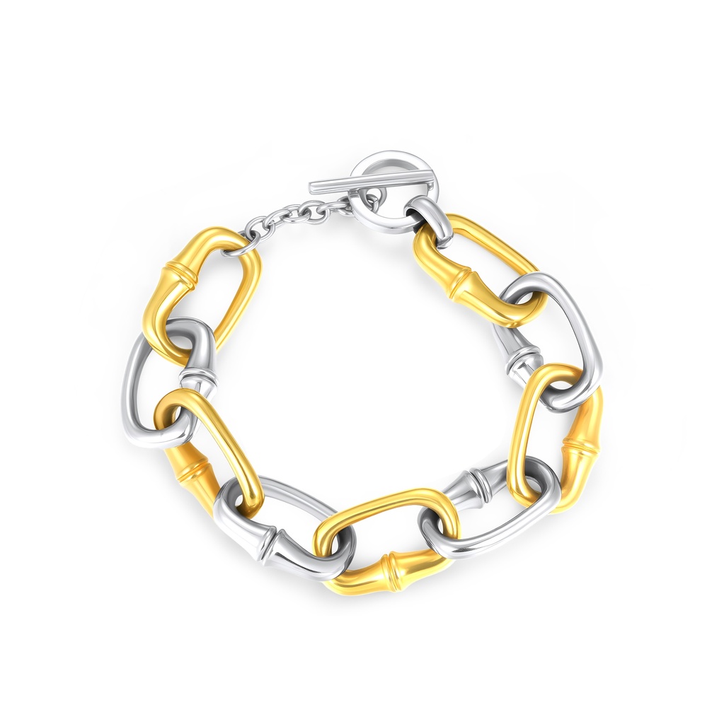 Two-Tone Stainless Steel Link Bracelet with Bamboo-Inspired Design