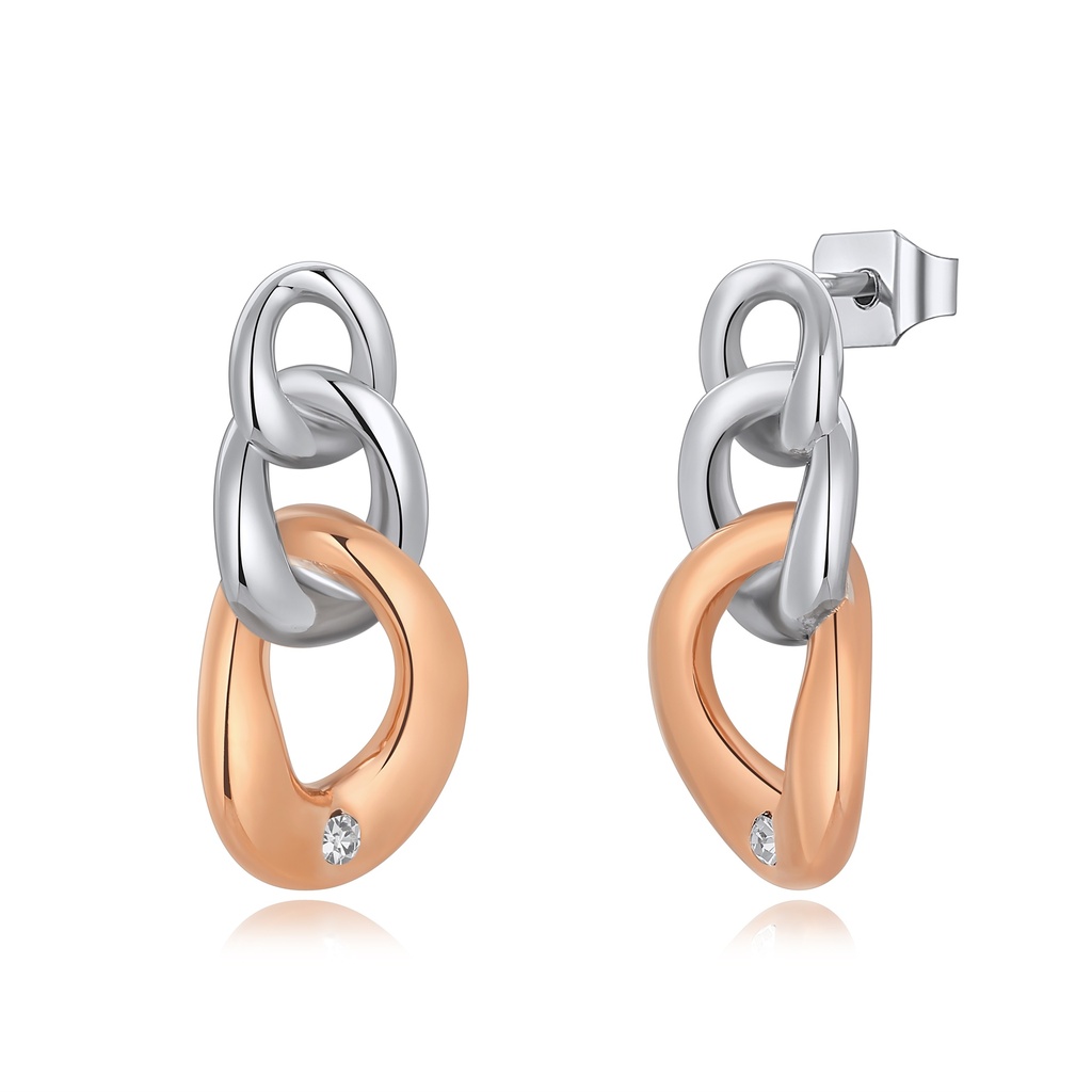 [DJ01E0148] Two-Tone Stainless Steel Link Earrings with Crystal Accent Detail