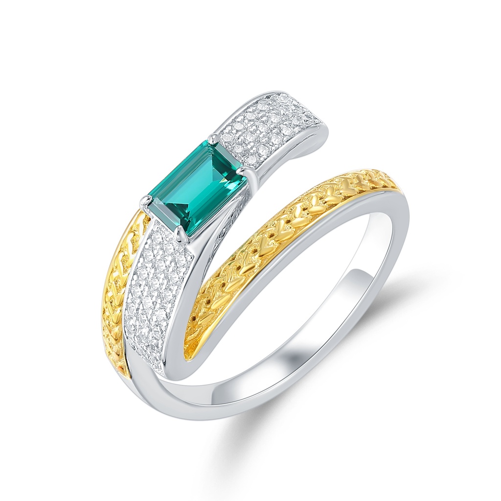 Two-Tone Stainless Steel Ring with Green Emerald-Cut Crystal Accent