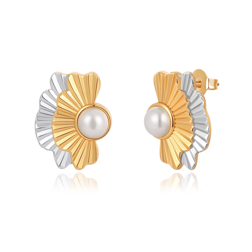 [PD02E0142] Two-tone brass fan earrings with elegant central pearl feature