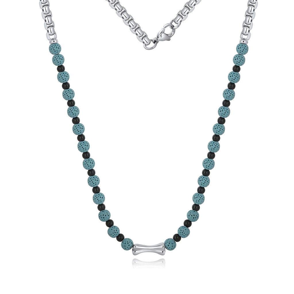 [DJ02N0008] Unisex Stainless Steel Chain Necklace with Blue Lava Stone and Onyx Beads