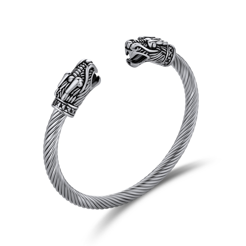[DJ01B0103-2] Viking Dragon Cable Wire Stainless Steel Open Cuff Bracelet