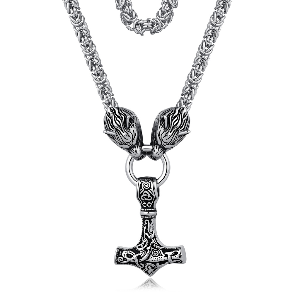 Viking Mjolnir Stainless Steel Necklace with Wolf Heads and Hammer