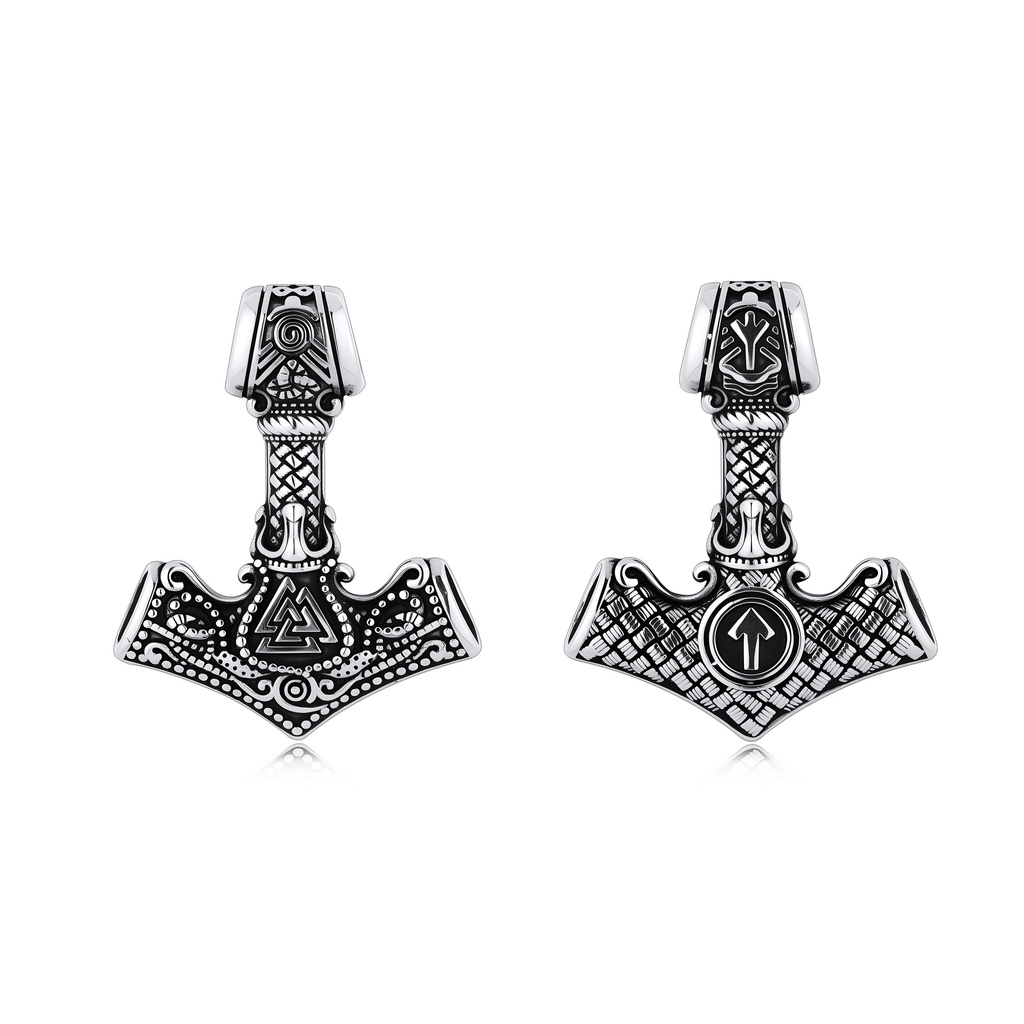 Viking Stainless Steel Mjolnir Earrings with Norse Rune Carvings