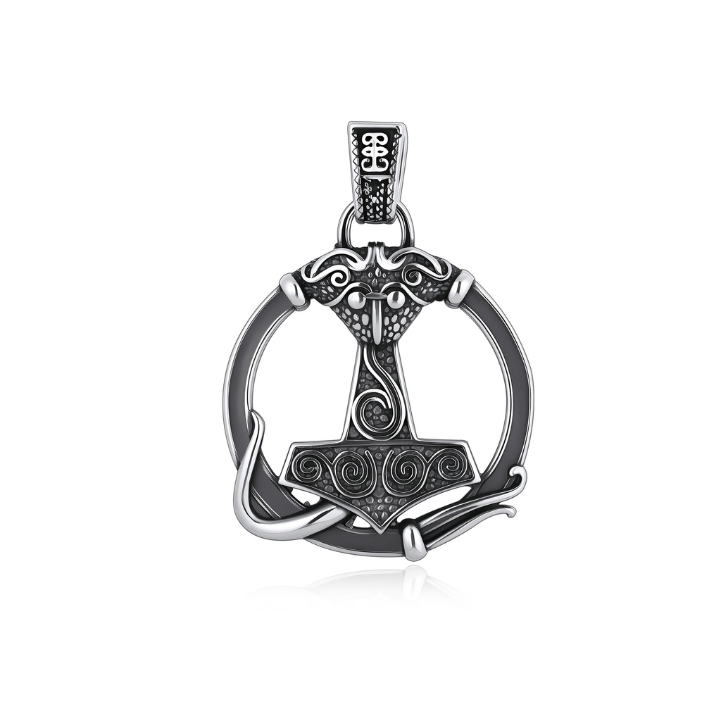 Viking Thor's Hammer Pendant with Serpent Detail Stainless Steel