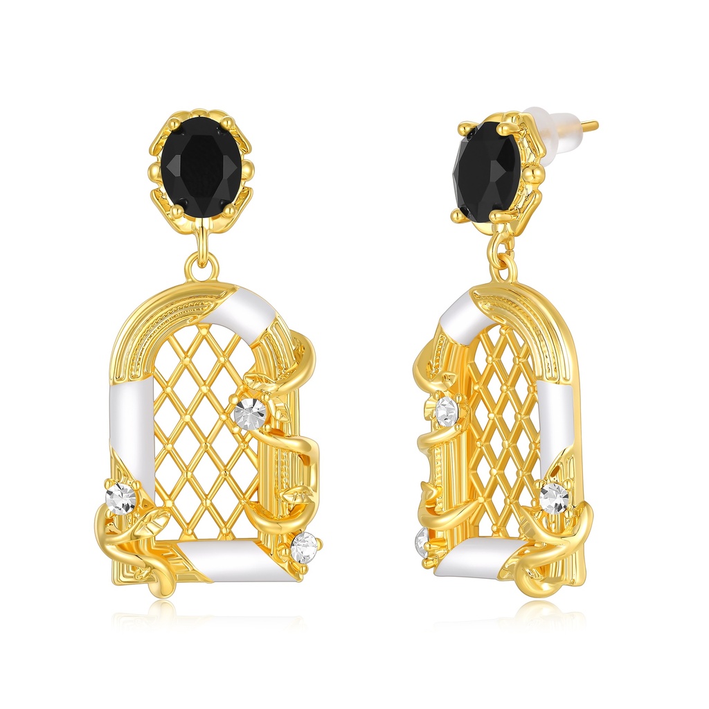 [JY20E0021] Vintage Baroque Black Gem Lattice Window Drop Brass Earrings