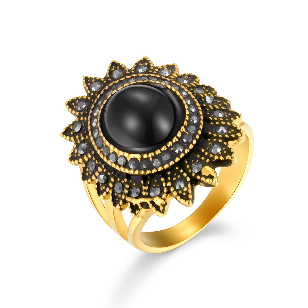 Vintage Black Crystal Flower Ring in Gold Stainless Steel