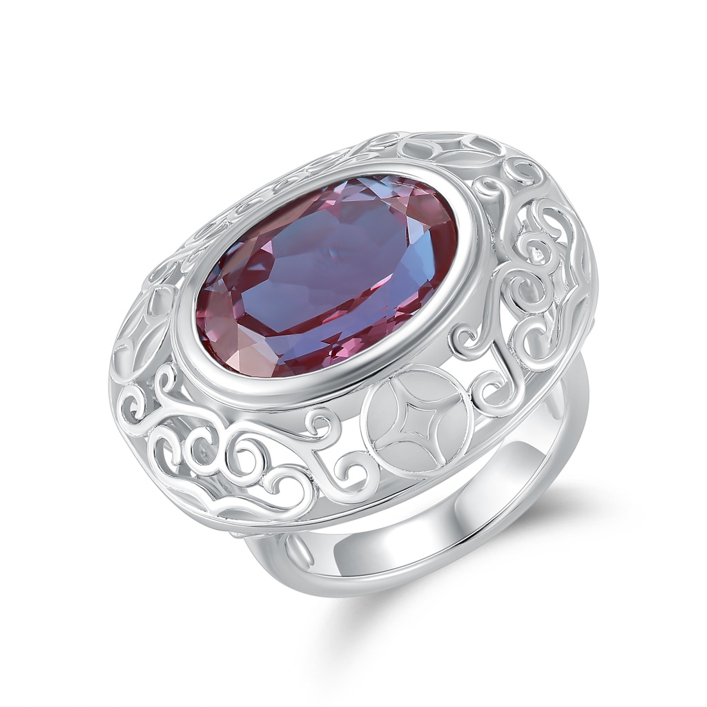 Vintage Filigree Stainless Steel Ring with Color Changing Oval Crystal
