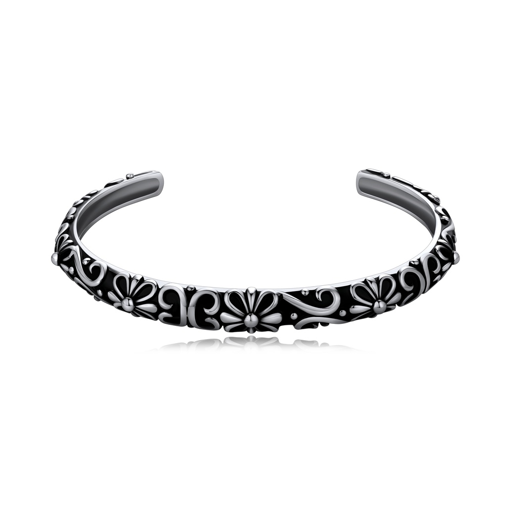 [DJ01B0098] Vintage Floral Pattern Cuff Bangle Stainless Steel Gothic Style