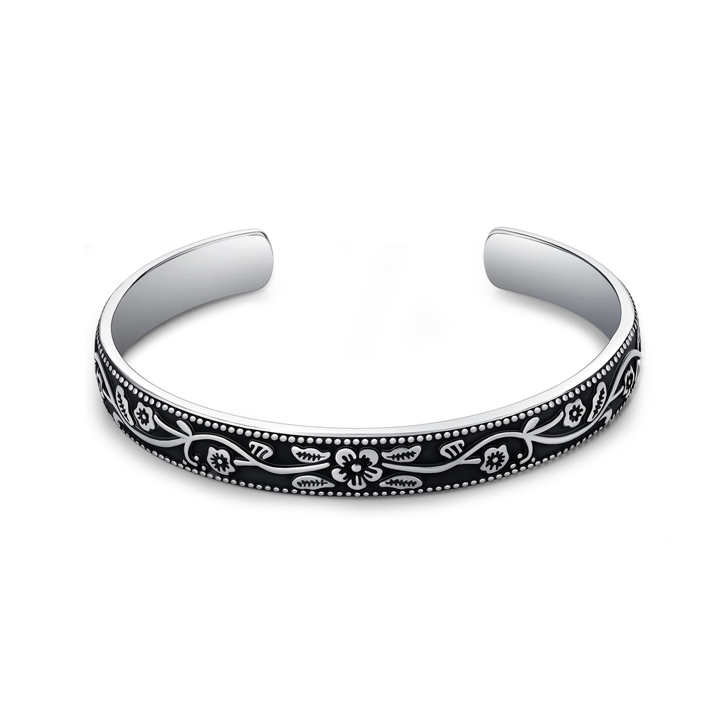 Vintage Floral Pattern Oxidized Stainless Steel Bangle Bracelet for Men